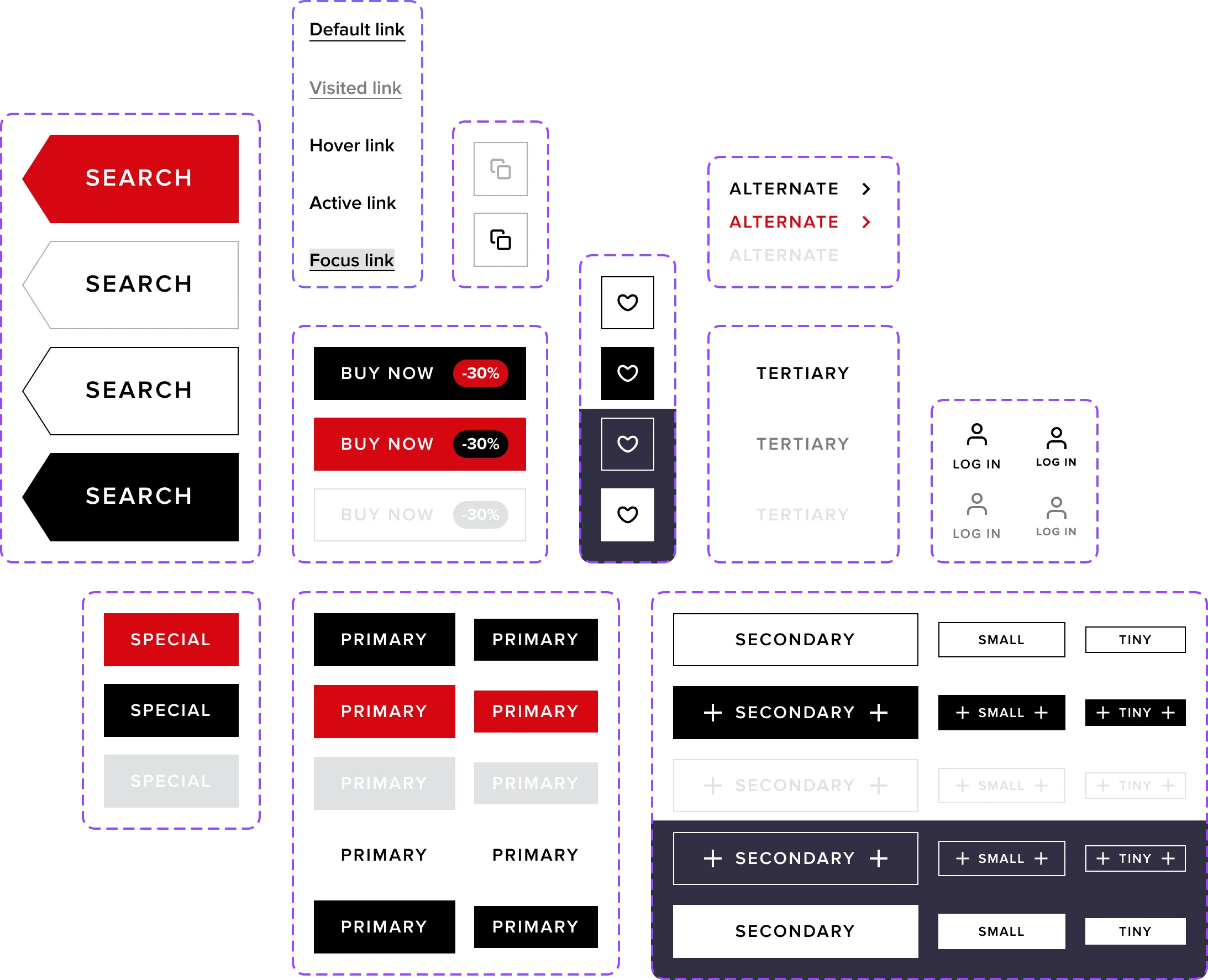 Button library: search, primary, secondary and link states across variants