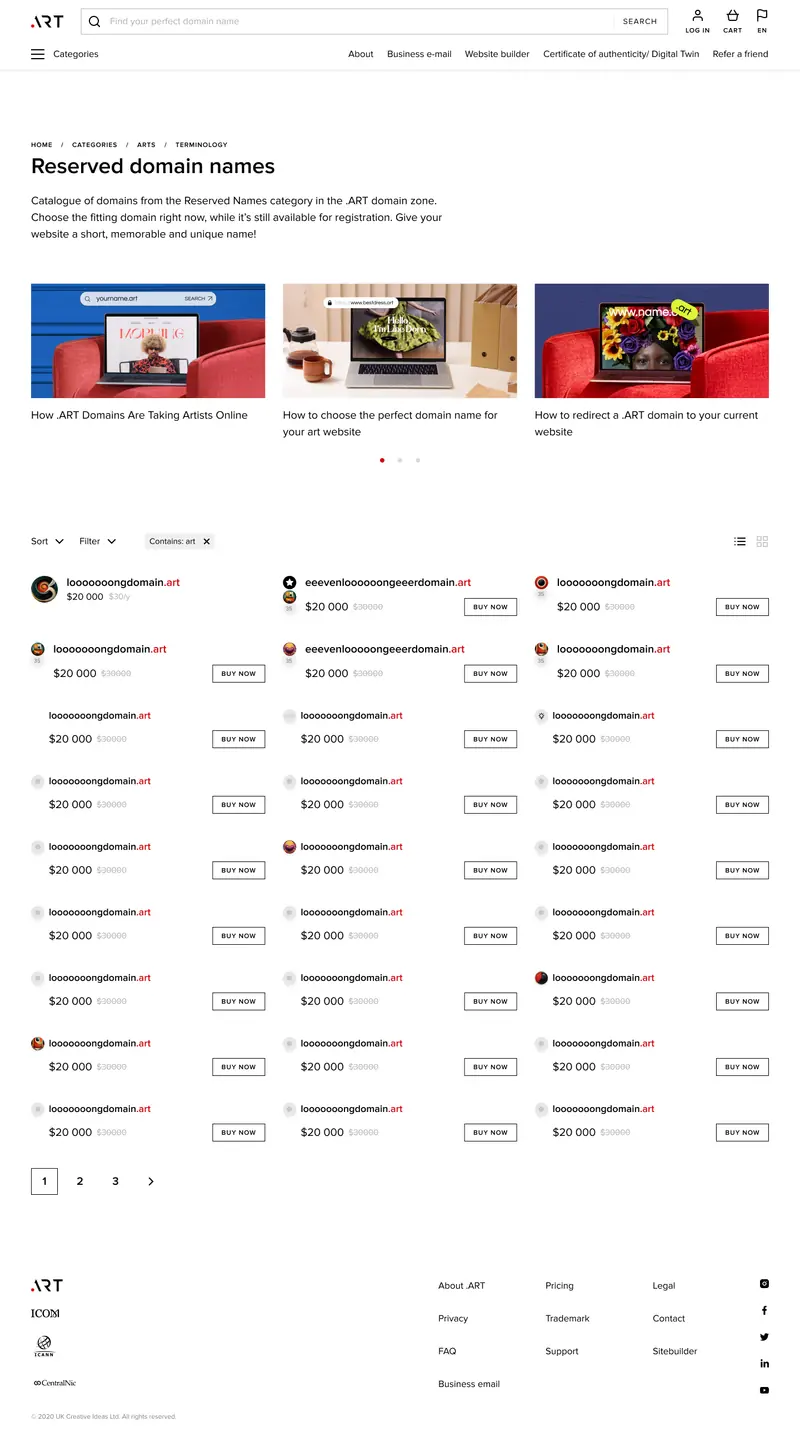 Reserved domain names catalogue with pricing and buy-now filters