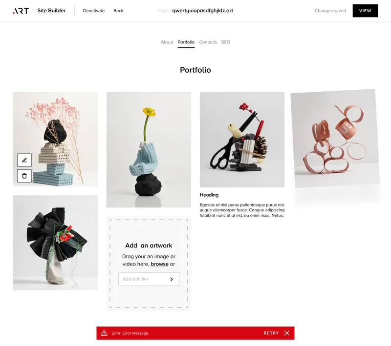 Site builder portfolio editor arranging artwork tiles on an artist page