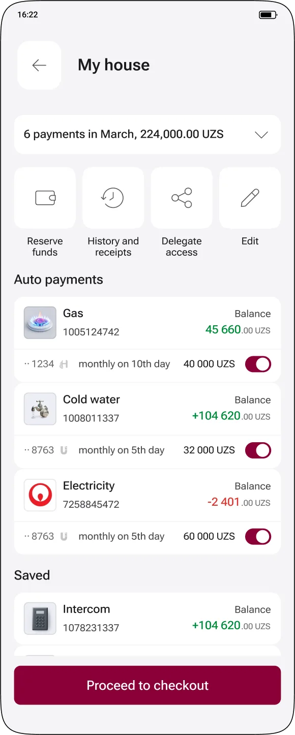 My house group detail with monthly auto-payments for gas, water and electricity and balances
