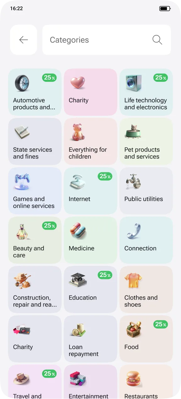 Categories catalogue of payment types with cashback badges, from utilities to food