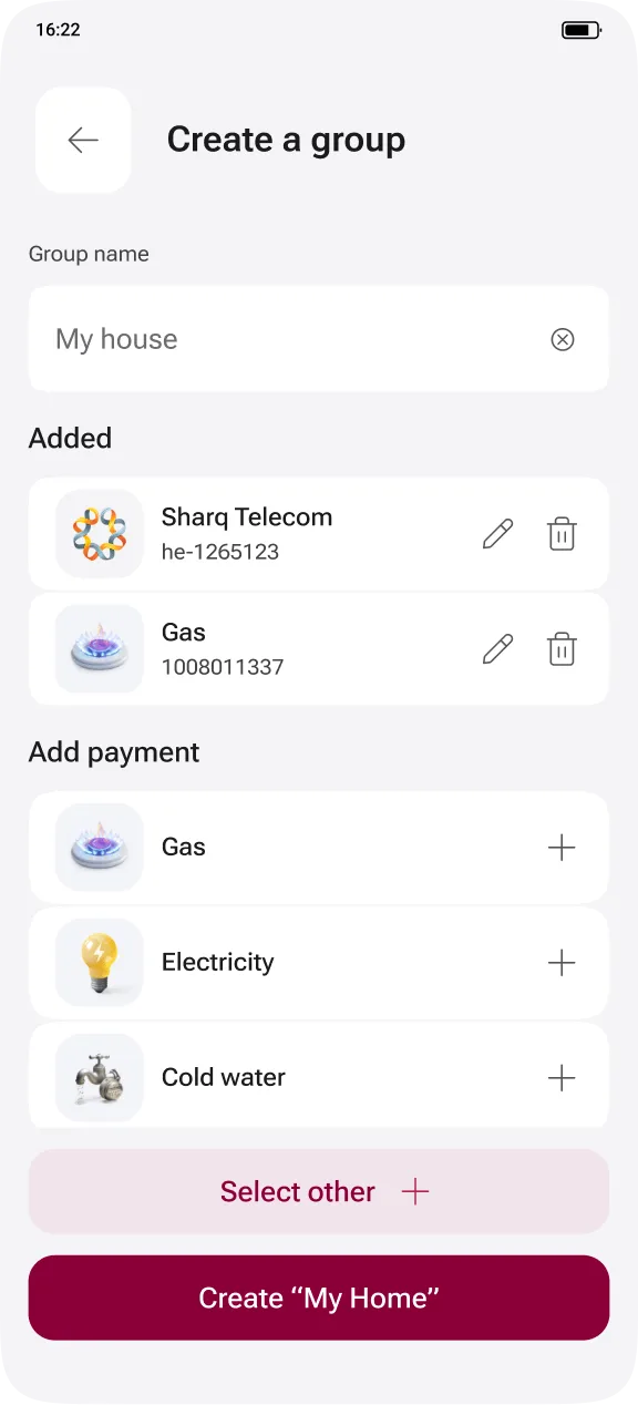 Create-a-group screen naming My house and adding Sharq Telecom and gas payments