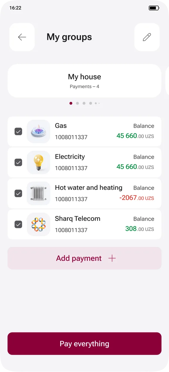 My groups view with four selected utilities and a Pay everything button