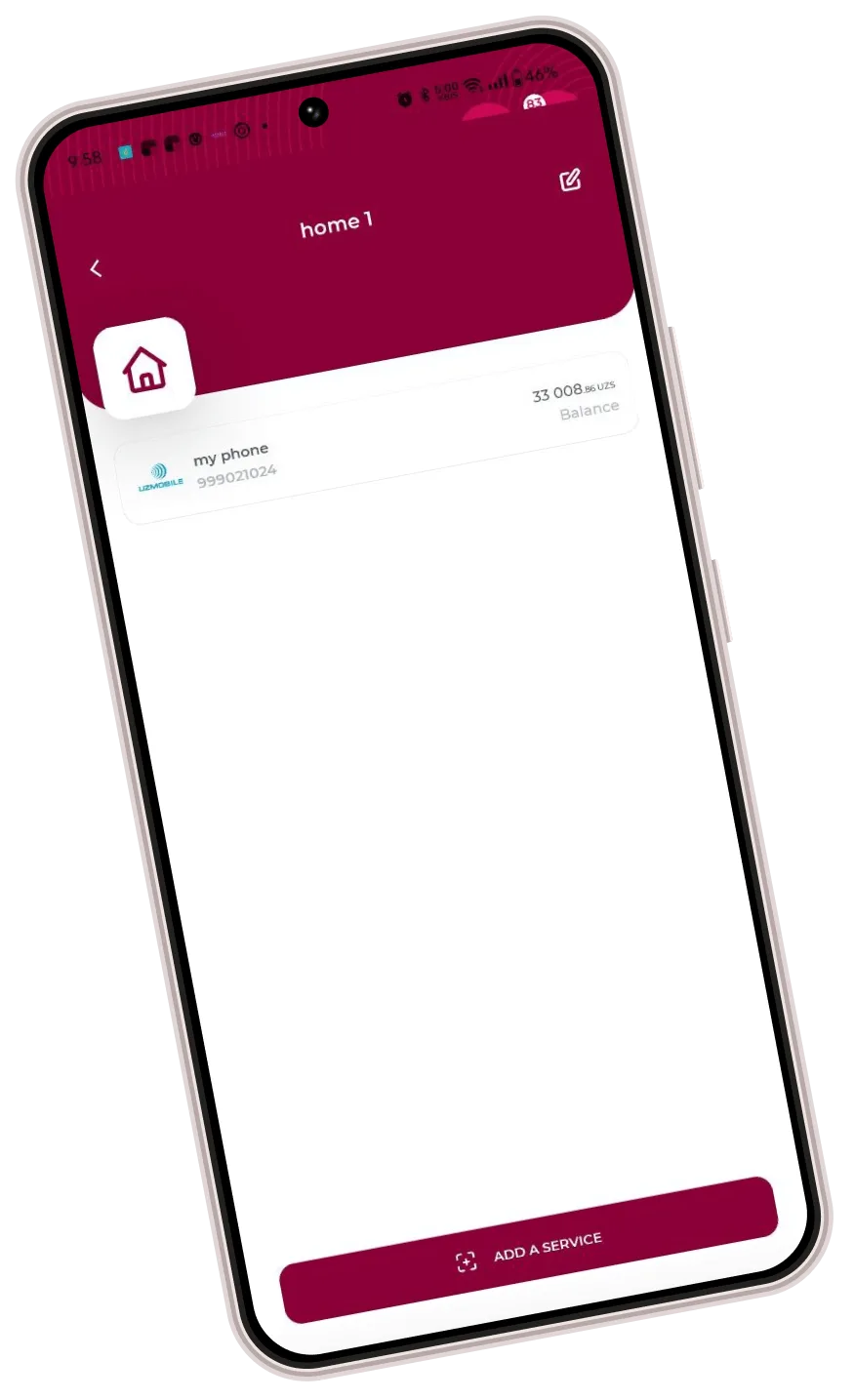 Home group screen showing a single saved phone-top-up service and account balance