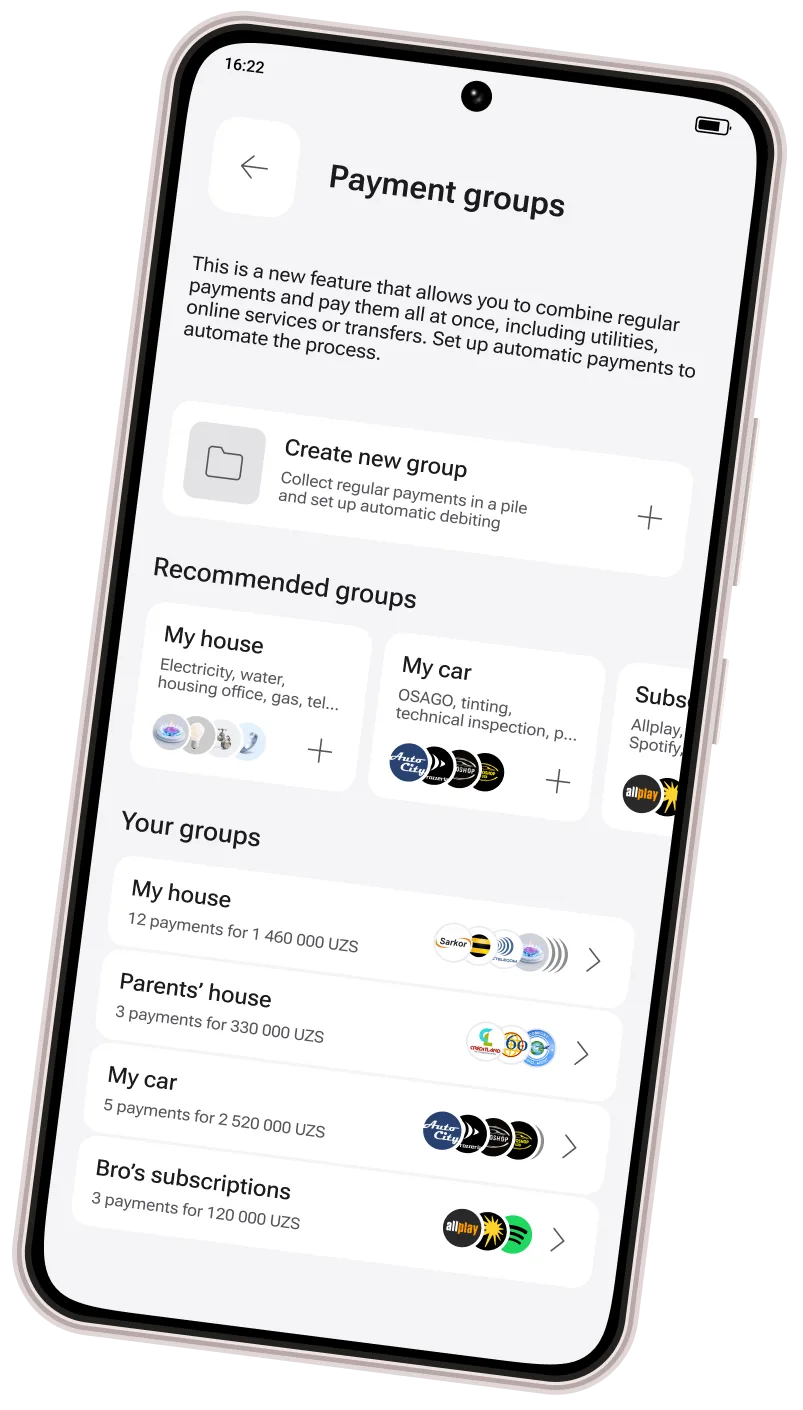 Payment groups landing with recommended groups and the user's My house and My car groups