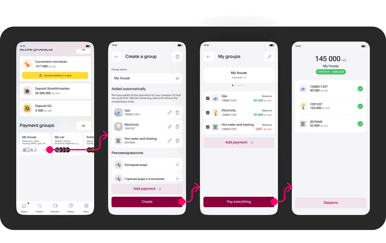 Group flow from home to create-group, checking utilities, and paying them all at once